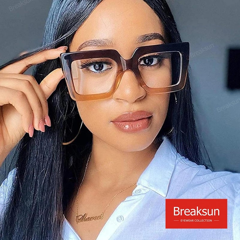 Breaksun Oversized Blue Light Glasses for Women Fashion Thick Square Computer Eyewear Non-Prescription Black Glasses (New Black+ Brown Orange) - Image 3